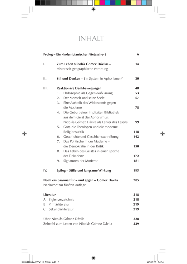 Kinzel-Davila-220x115_Innenteil_DEF_Inhaltsverzeichnis Kinzel, Till: Nicolás Gómez Dávila. Parteigänger verlorener Sachen